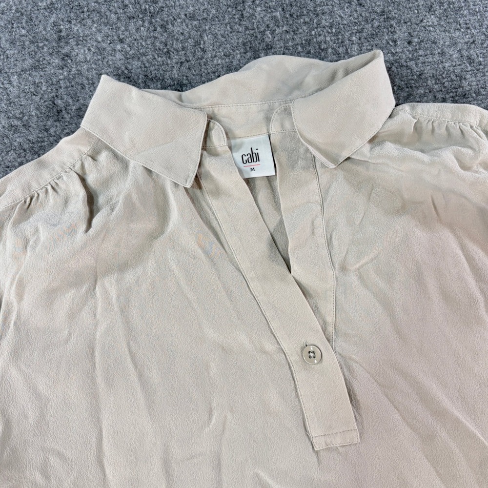 Cabi Women Beige 100% Silk Long Sleeve Henley Blouse Top Size Medium